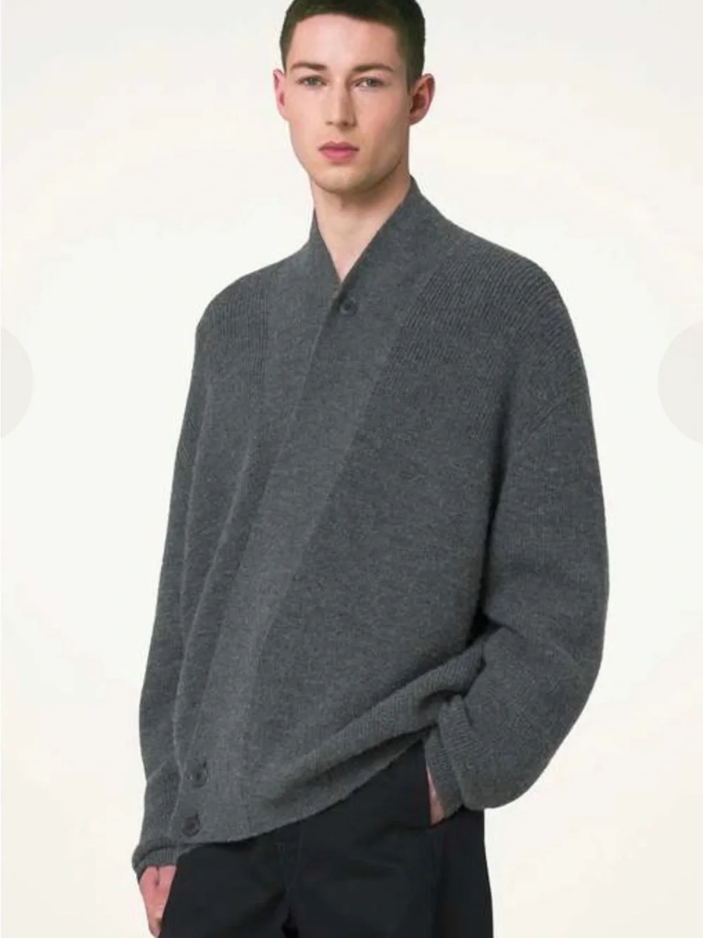 Lemaire  'Grey Melange' Men's Ribbed Shawl-Collar Wrap Cardigan, Size Small